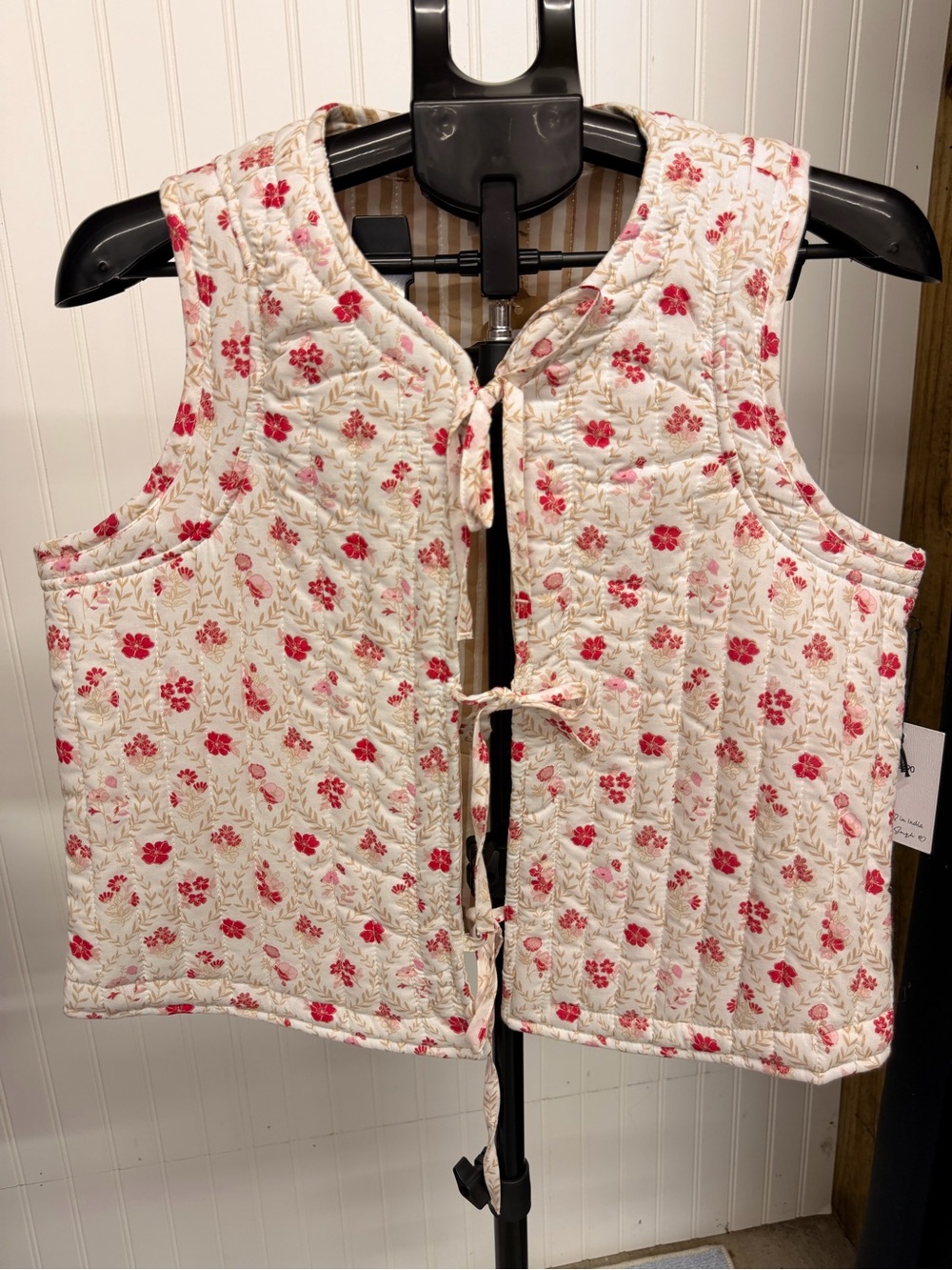 Japna Quilted Tie-Front Vest in White with Pink Floral Print